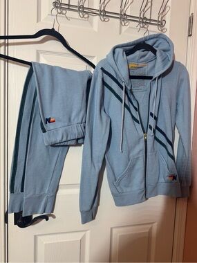 Aviator Nation Light Blue Hoodie and Track Pant SET with Navy & Forest Stripes